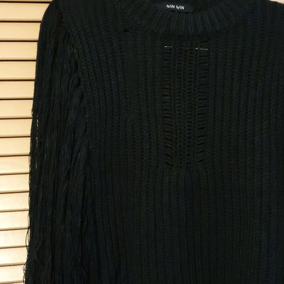 Boho Chic Black Fringe Sleeve Knit Sweater sz M - Picture 3 of 6